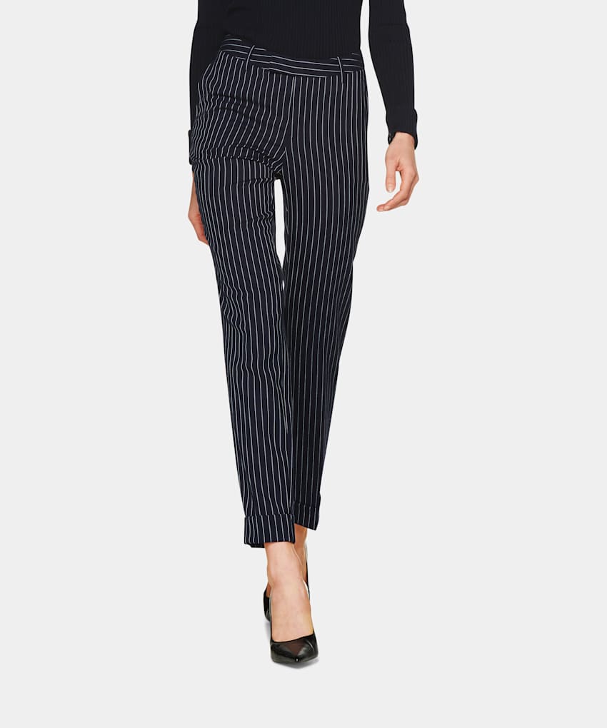 navy striped trousers