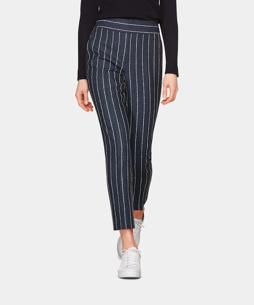 striped navy trousers