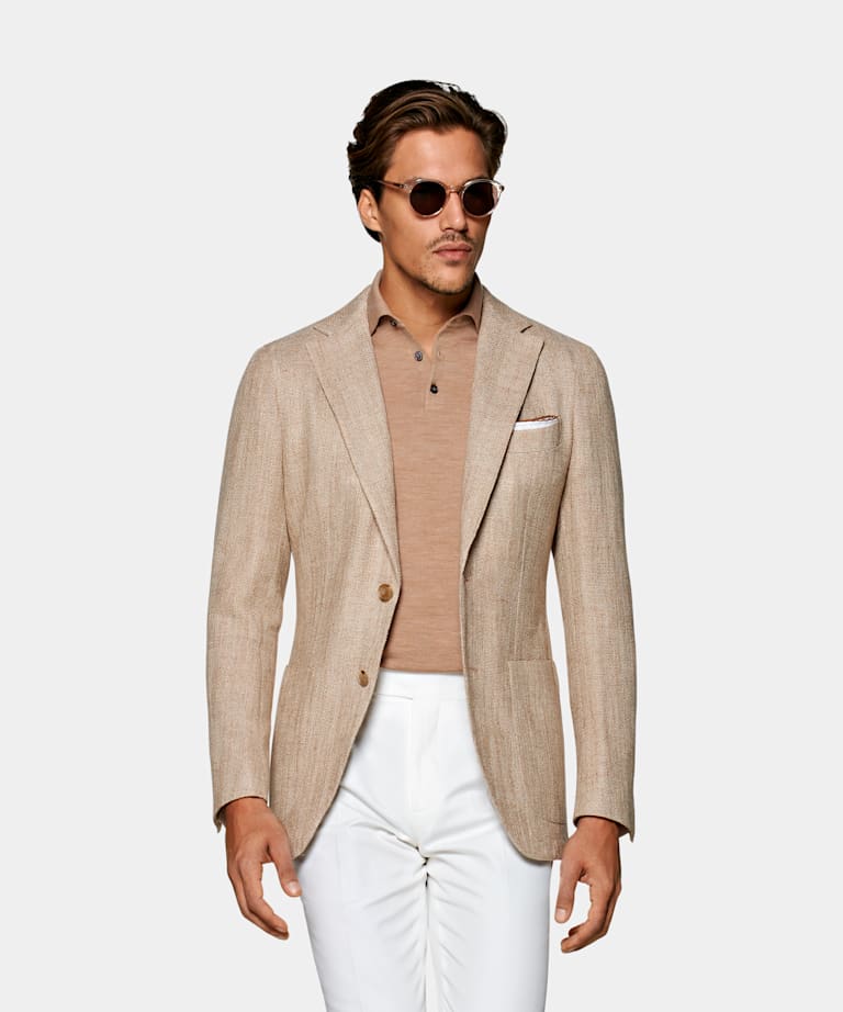Mid Brown Herringbone Belted Safari Jacket | Pure Wool Single Breasted ...