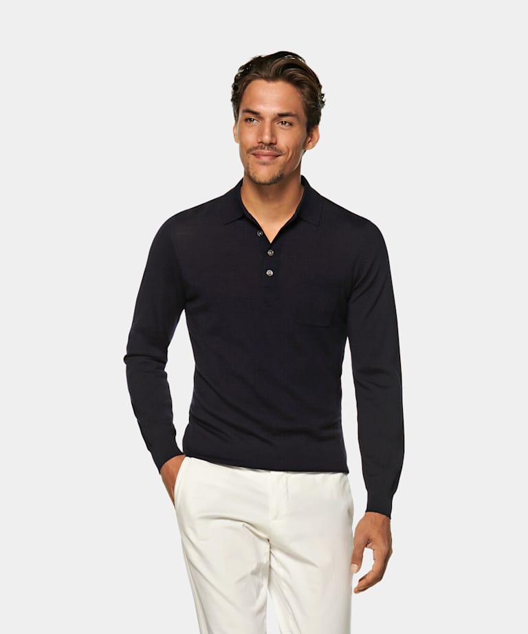 Navy Long Sleeve Polo | Cotton Polyamide | Suitsupply Online Store