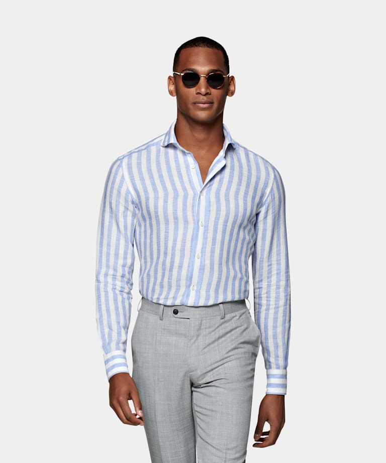 Mid Blue Stripe Slim Fit Shirt | Egyptian Cotton | Suitsupply Online Store