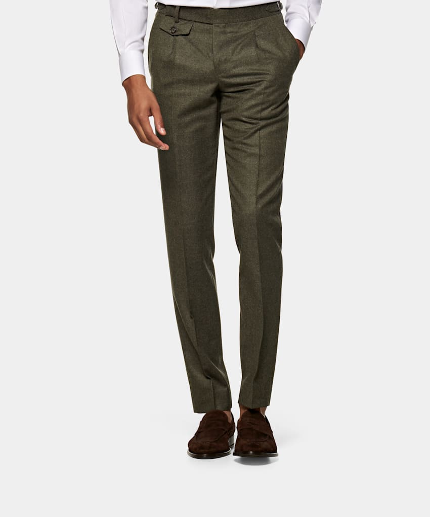 Mid Green Pleated Brentwood Trousers | Pure S120's Wool Flannel ...