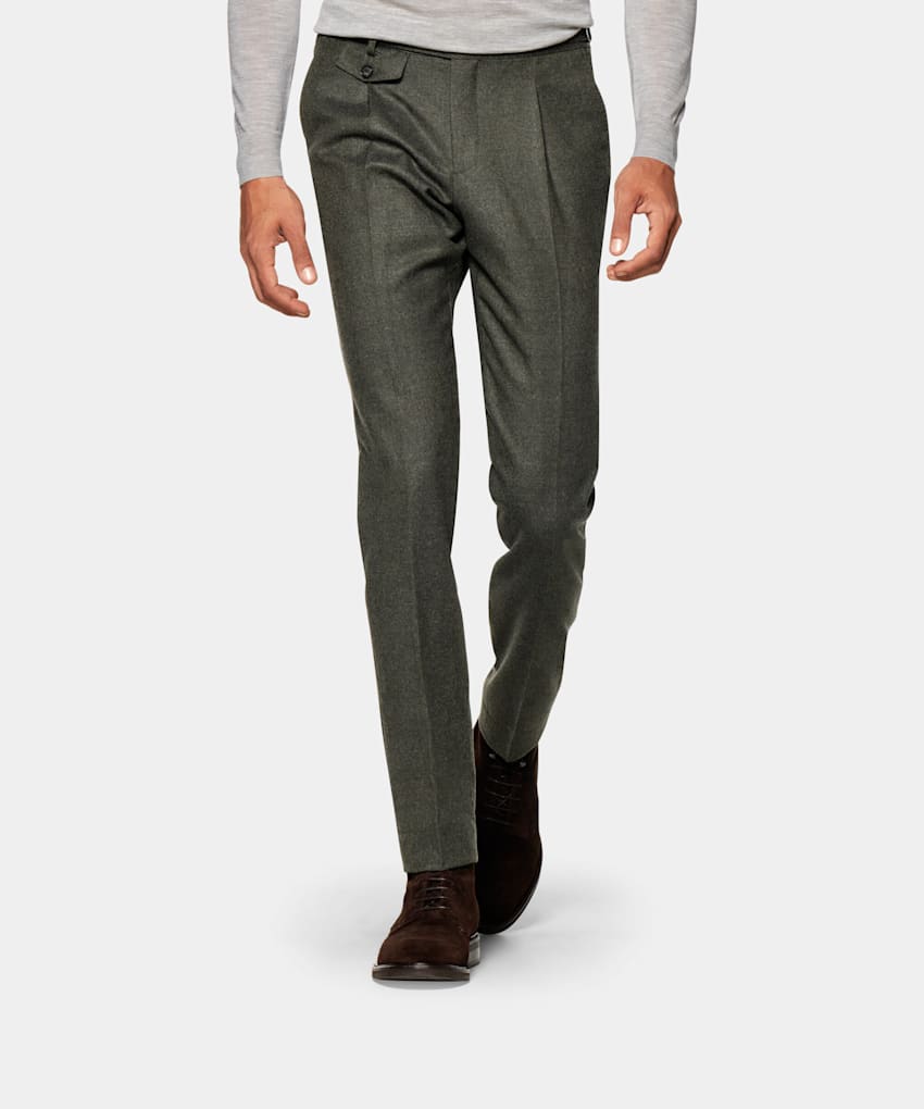 Mid Green Pleated Brentwood Trousers | Pure S120's Wool Flannel ...