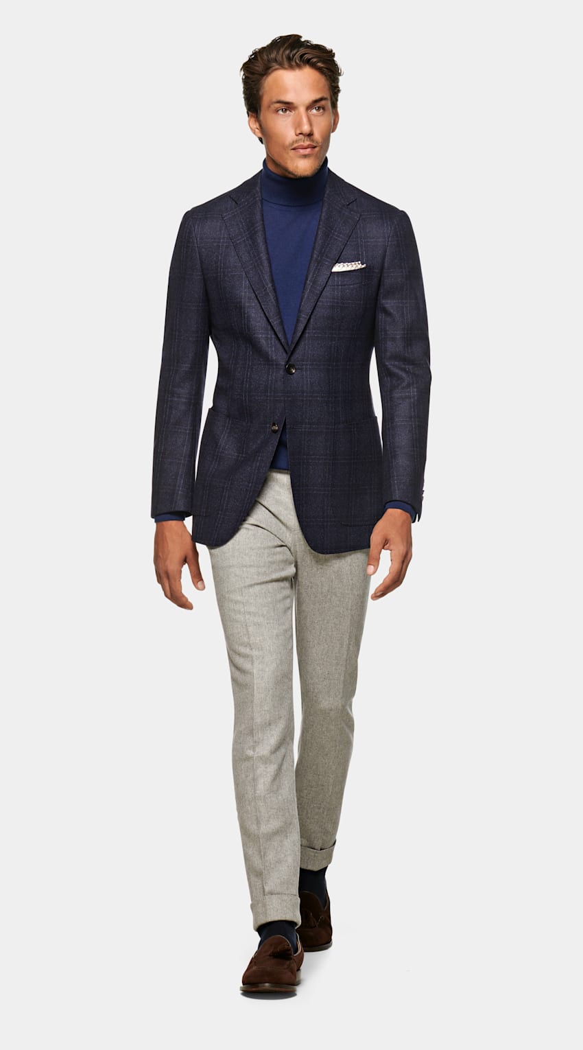 blue turtleneck suit