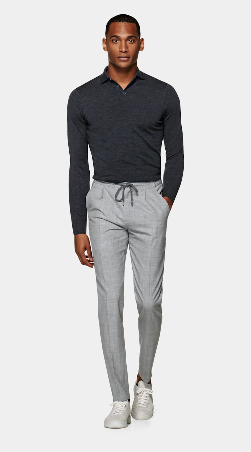 Grey Long Sleeve Polo | Cashmere Silk | Suitsupply Online Store