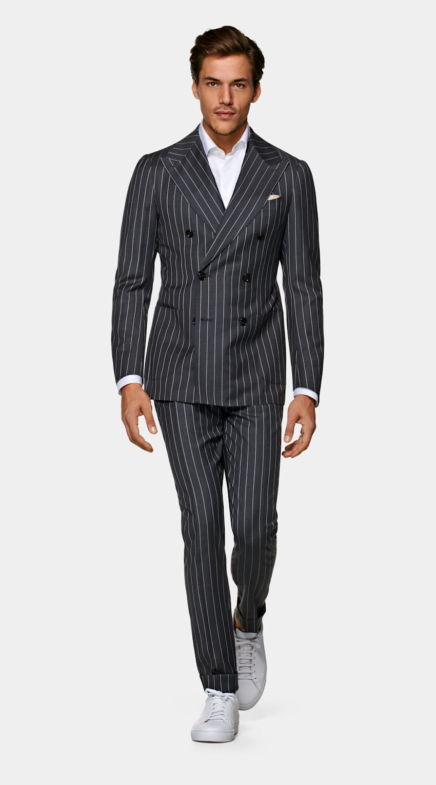Dark Grey Stripe Jort Suit Pure Wool S150's Double Breasted