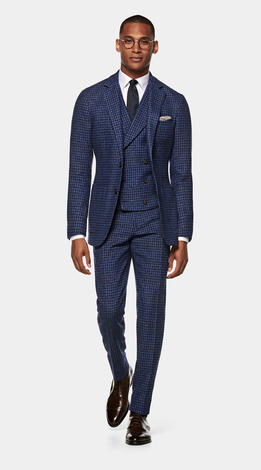 Mid Blue Houndstooth Havana Suit | Wool Mohair Silk Cashmere Three ...