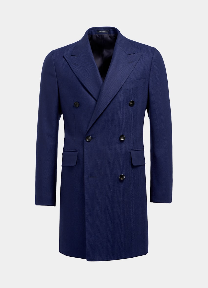 Mid Blue Herringbone Overcoat | Wool Cashmere Double Breasted ...
