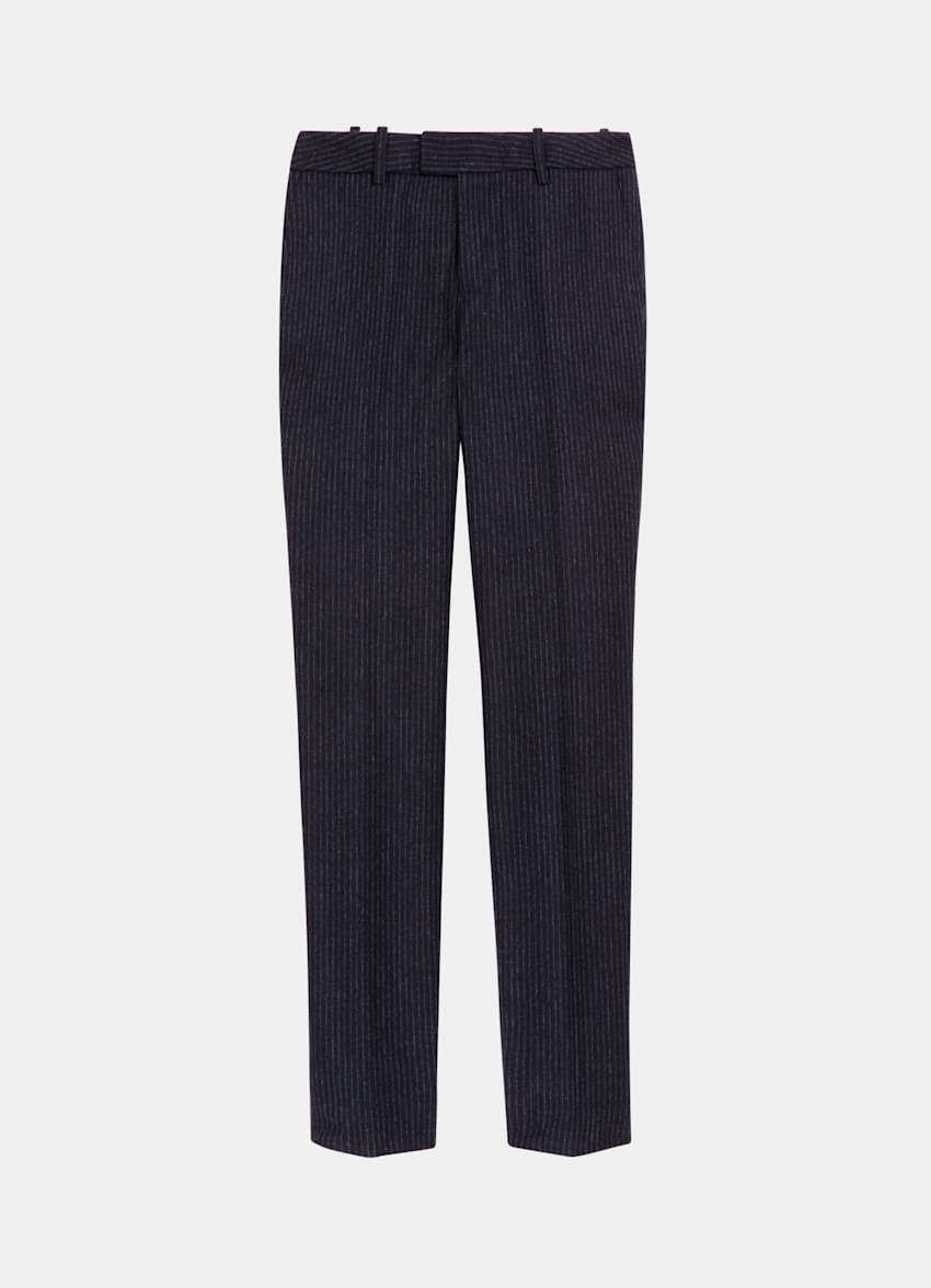 navy and white striped trousers