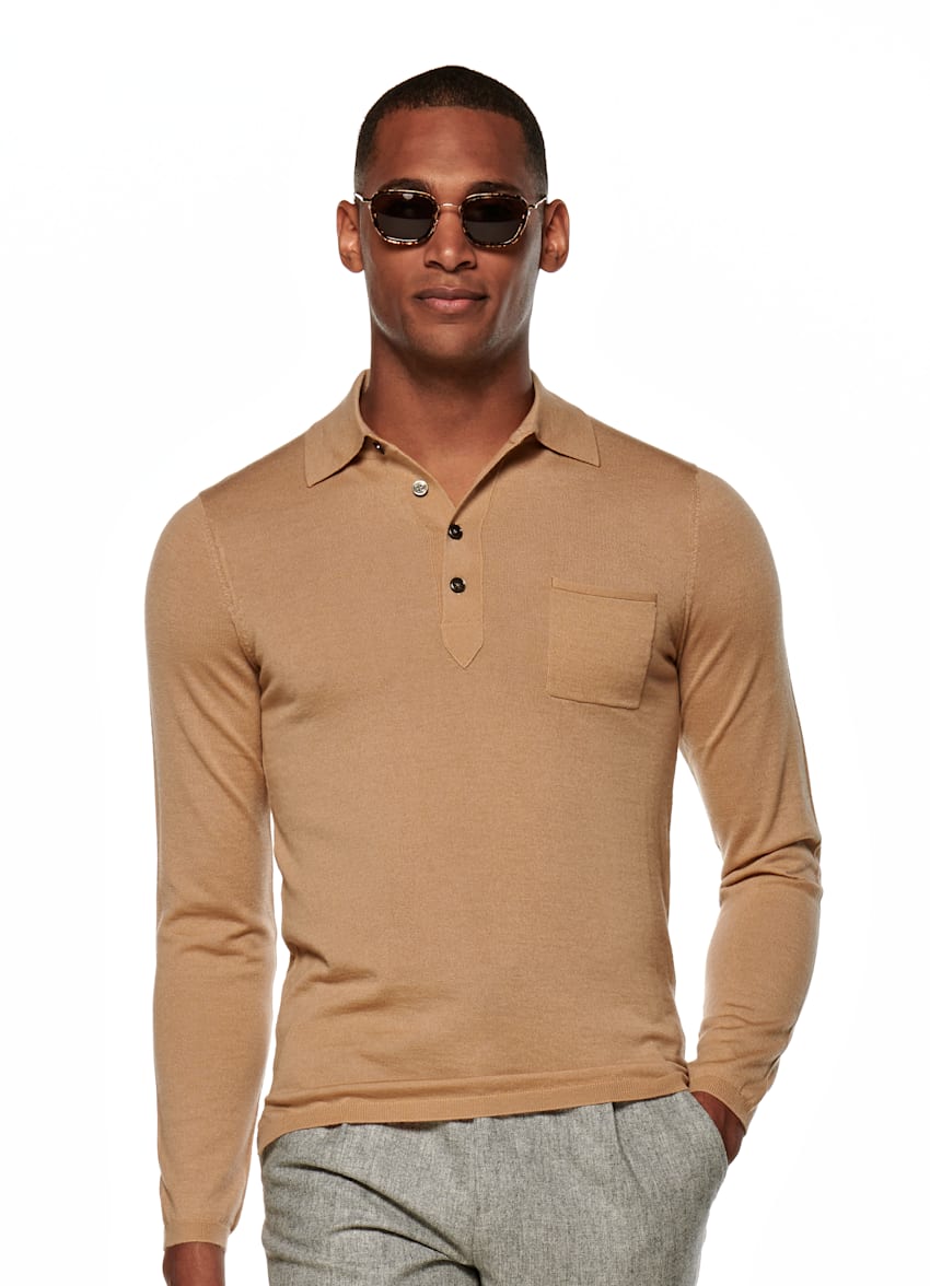 Camel Long Sleeve Polo Jort | Pure Cashmere | Suitsupply Online Store