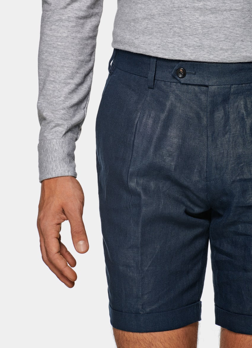 Navy Pleated Bennington Shorts Pure Linen Suitsupply Online Store