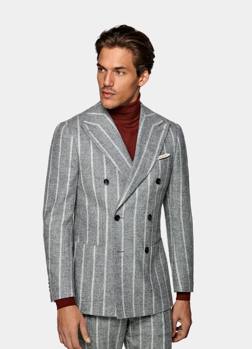 Mid Grey Stripe Havana Suit Alpaca Wool Polyester Double Breasted