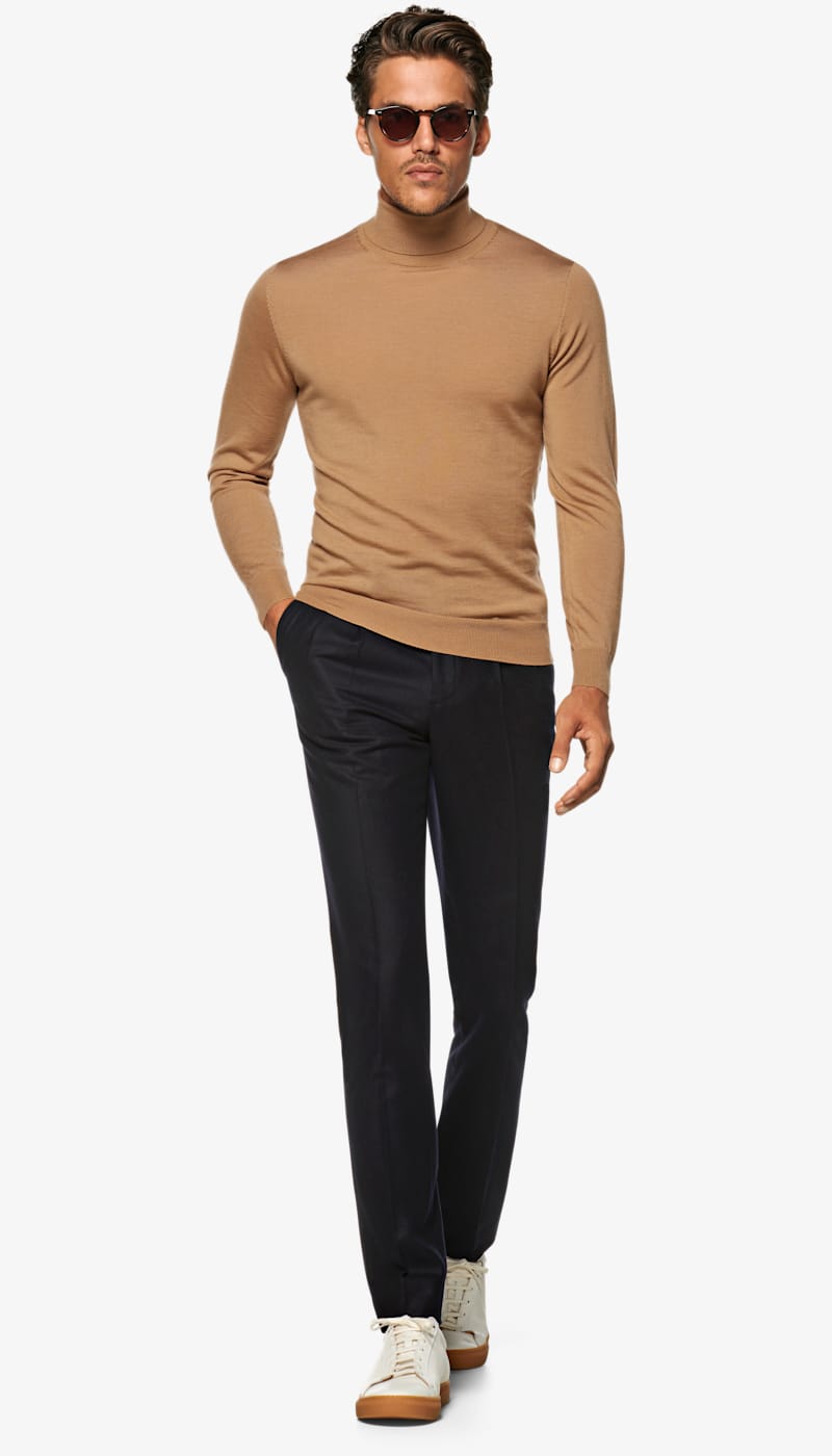 camel turtleneck outfit