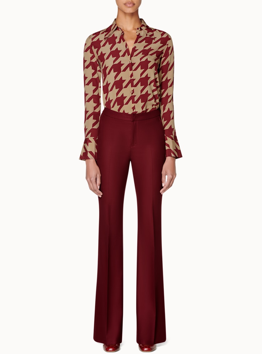 Alec Camel & Burgundy Houndstooth Silk Blouse