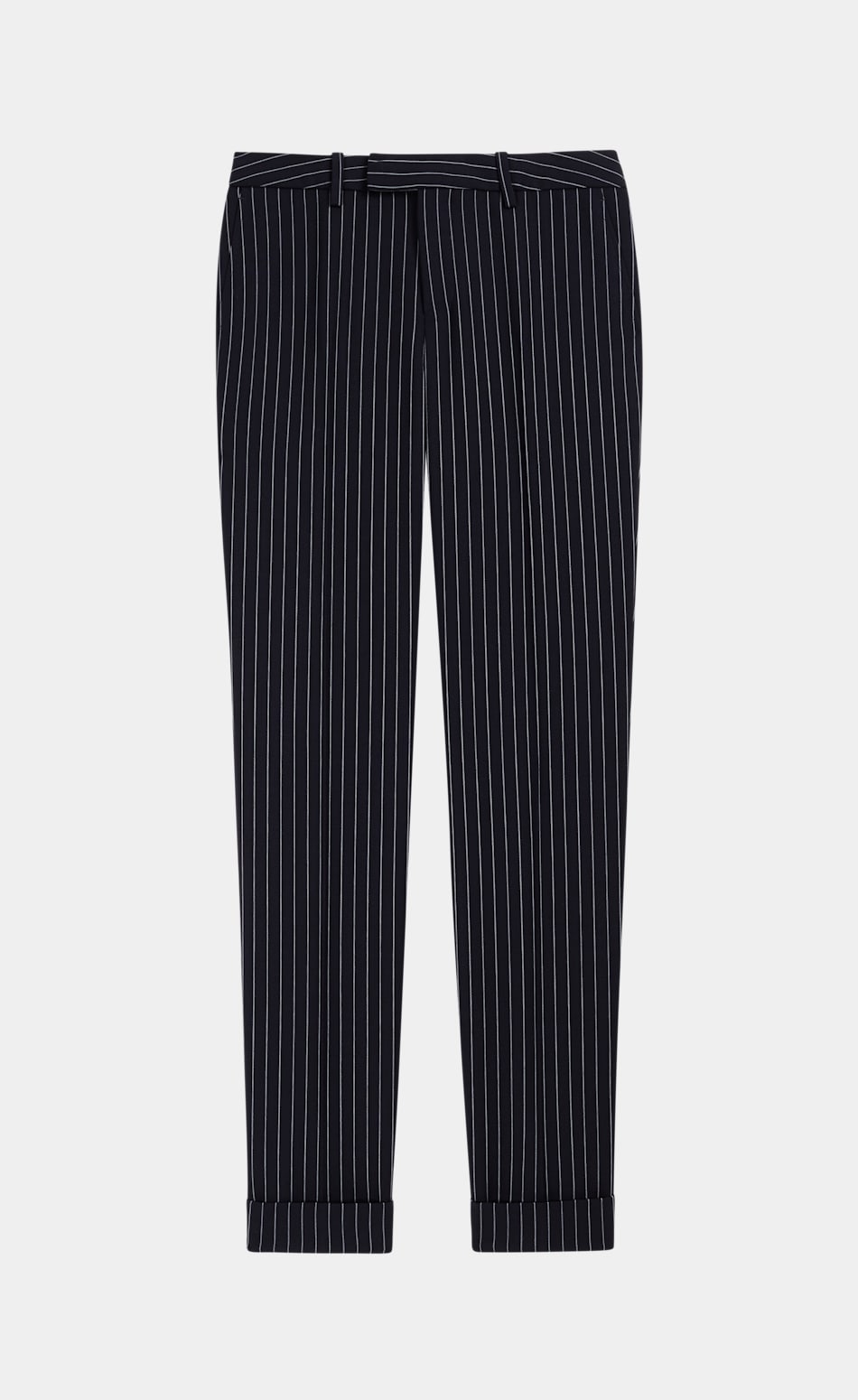 navy and white striped trousers